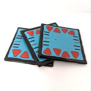 Set Of Three Fused Art Glass Coasters Red/Teal Abstract Design 3.5"